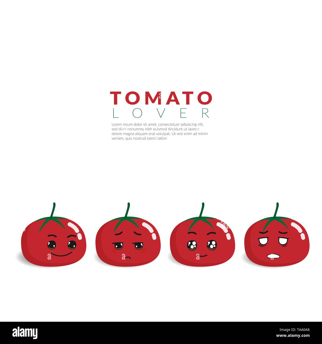 Vettore di pomodoro rosso con 4 diversi viso carino emozione isolato su sfondo bianco con spazio di copia Illustrazione Vettoriale