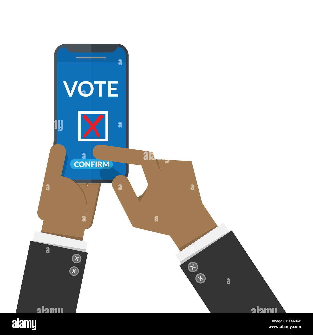 Voto concetto online. gente nera mano premere il pulsante di conferma per votare tramite mobile smart phone. Il voto elettronico, elezione sistema internet. Illustrazione Vettoriale