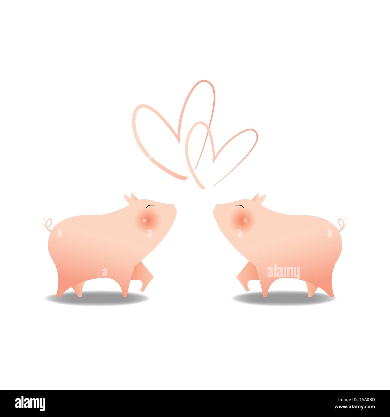 Due piccoli suini carini smile con big pink guancia affacciati a forma di cuore in alto per amore di amore , isolato su sfondo bianco. Cinese felice Illustrazione Vettoriale