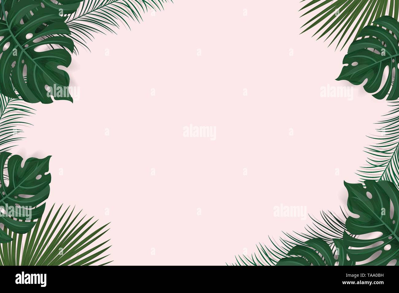 Telaio creative impaginazione da sfondo tropicale esotico con palme e piante isolate su sfondo rosa , appartamento laici. concetto Natura Illustrazione Vettoriale