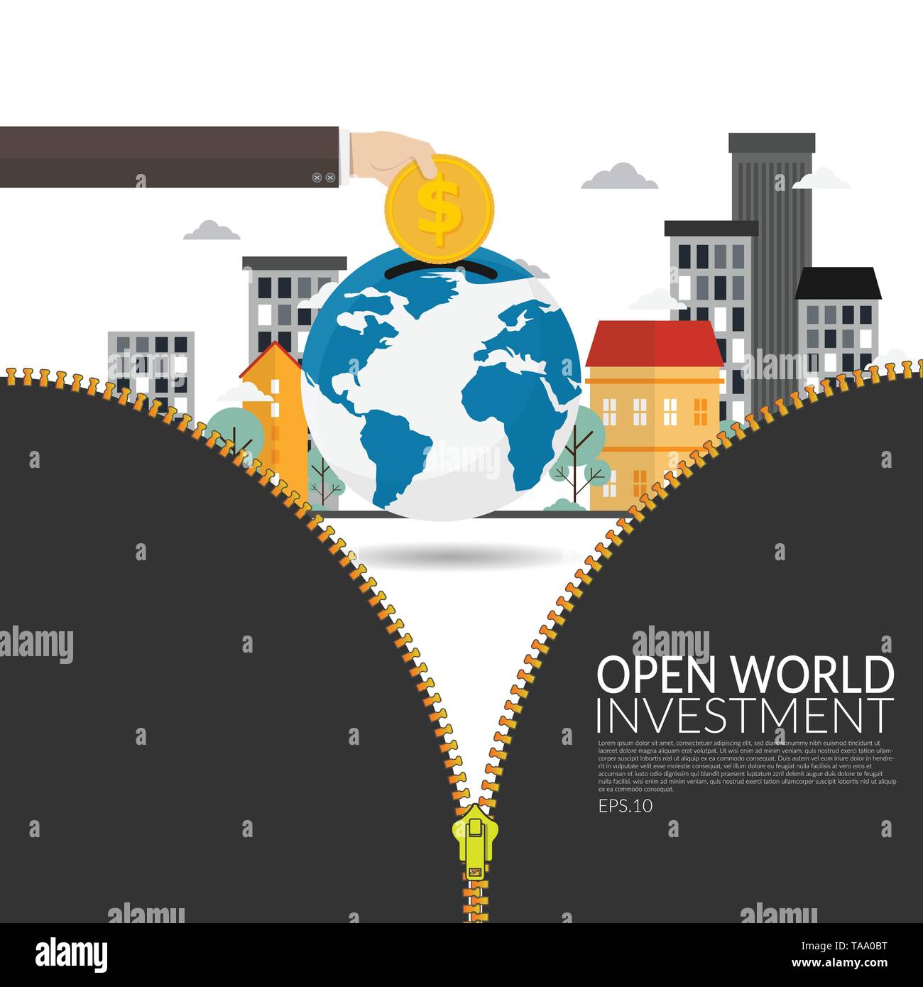 Azienda multinazionale investimento nel mondo in via di sviluppo si apre a nuovi orizzonti per lo sviluppo economico e per la strategia dell'azienda concept. business man Illustrazione Vettoriale