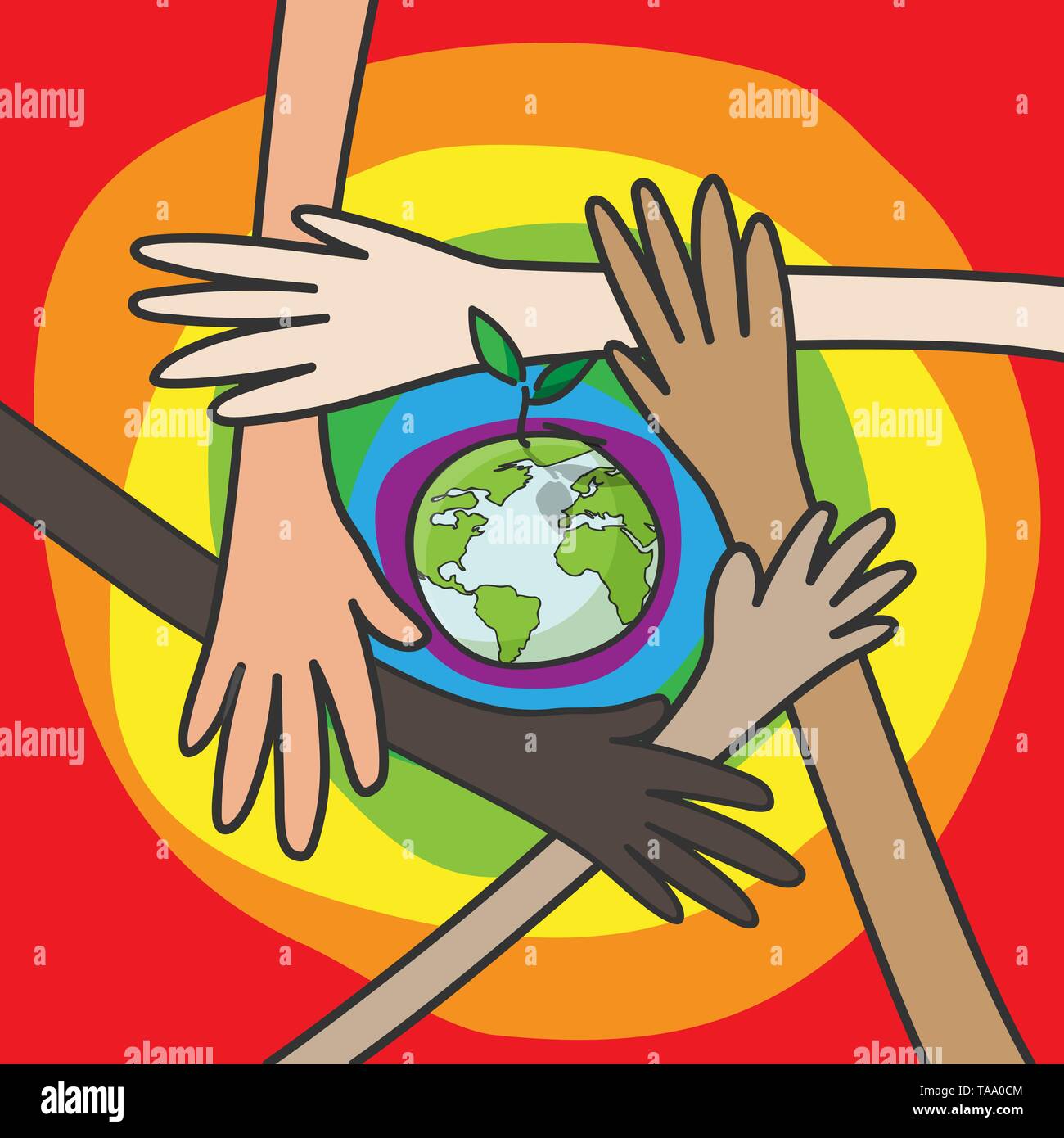 Salvare il mondo concetto. mani di persone di diverse nazionalità che lavorano insieme per salvare ambiente la conservazione della natura e la CSR corporate socia Illustrazione Vettoriale