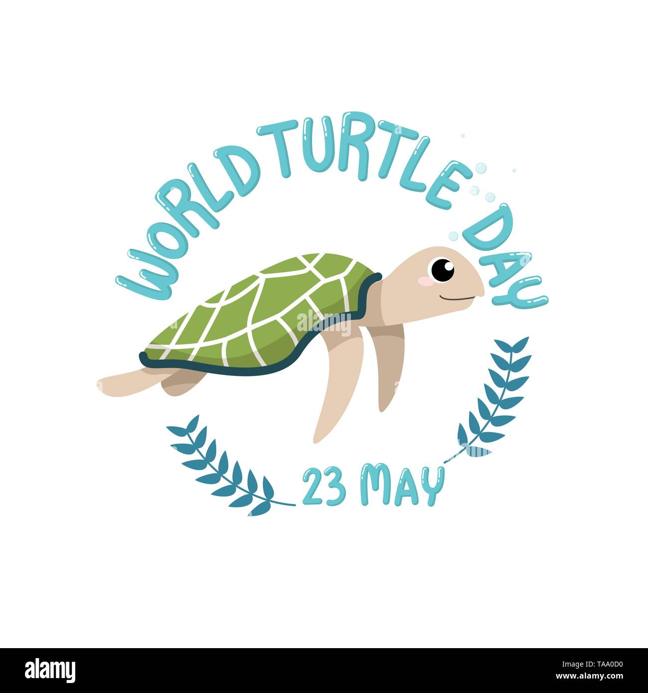 Mondo TURTLE GIORNO,23 maggio. Il logo con il cartoon di graziosi tartaruga con testo mondo turtle giorno, 23 maggio in cerchio Illustrazione Vettoriale