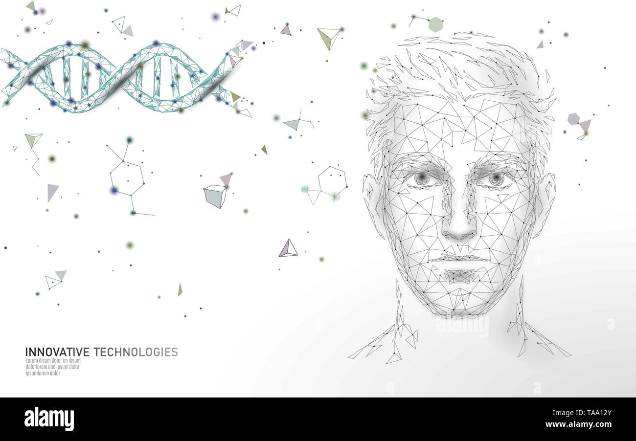 Molecola di DNA poligonale di trattamento scienza ricerca 3D. Bassa poli viso maschile poligonale uomo medico sanitaria. Medicina elica del gene struttura vettore del gene Illustrazione Vettoriale