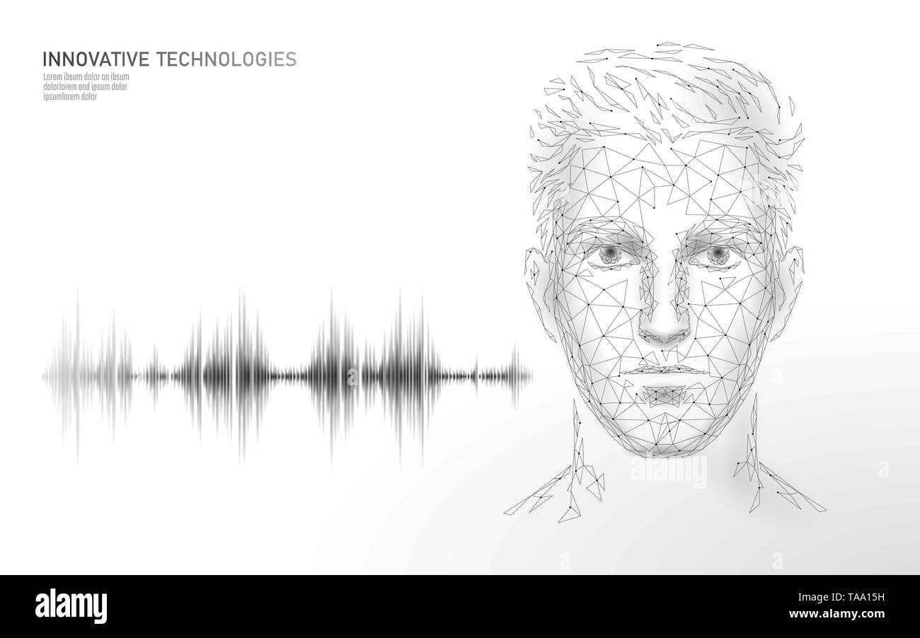 Assistente virtuale il riconoscimento vocale tecnologia di servizio. AI intelligenza artificiale di supporto del robot. Chatbot maschio faccia man bassa di poli illustrazione vettoriale Illustrazione Vettoriale