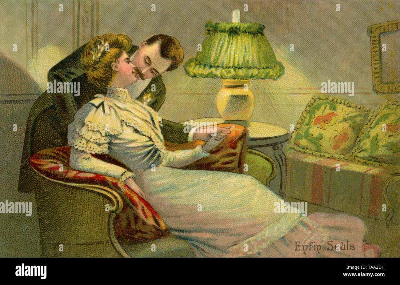 Coppia nel soggiorno, 'Enfin Seuls', 'infine solo", cartolina da circa 1900 , (cartolina, ) Foto Stock