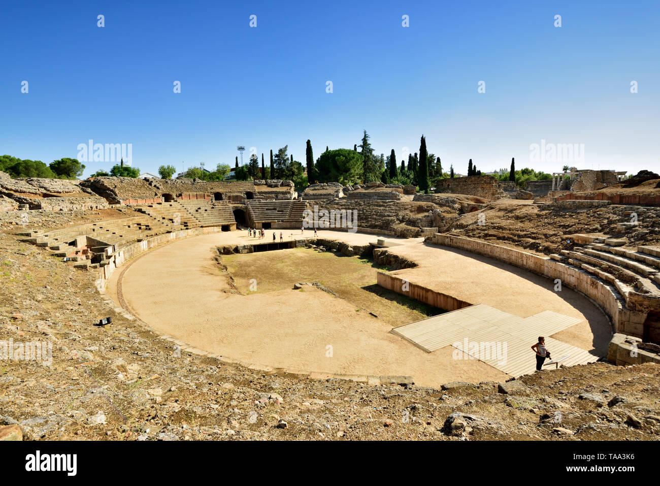 L' Anfiteatro romano di Merida, risalente all'anno 8 A.C. Un sito Patrimonio Mondiale dell'Unesco. Merida, Spagna Foto Stock