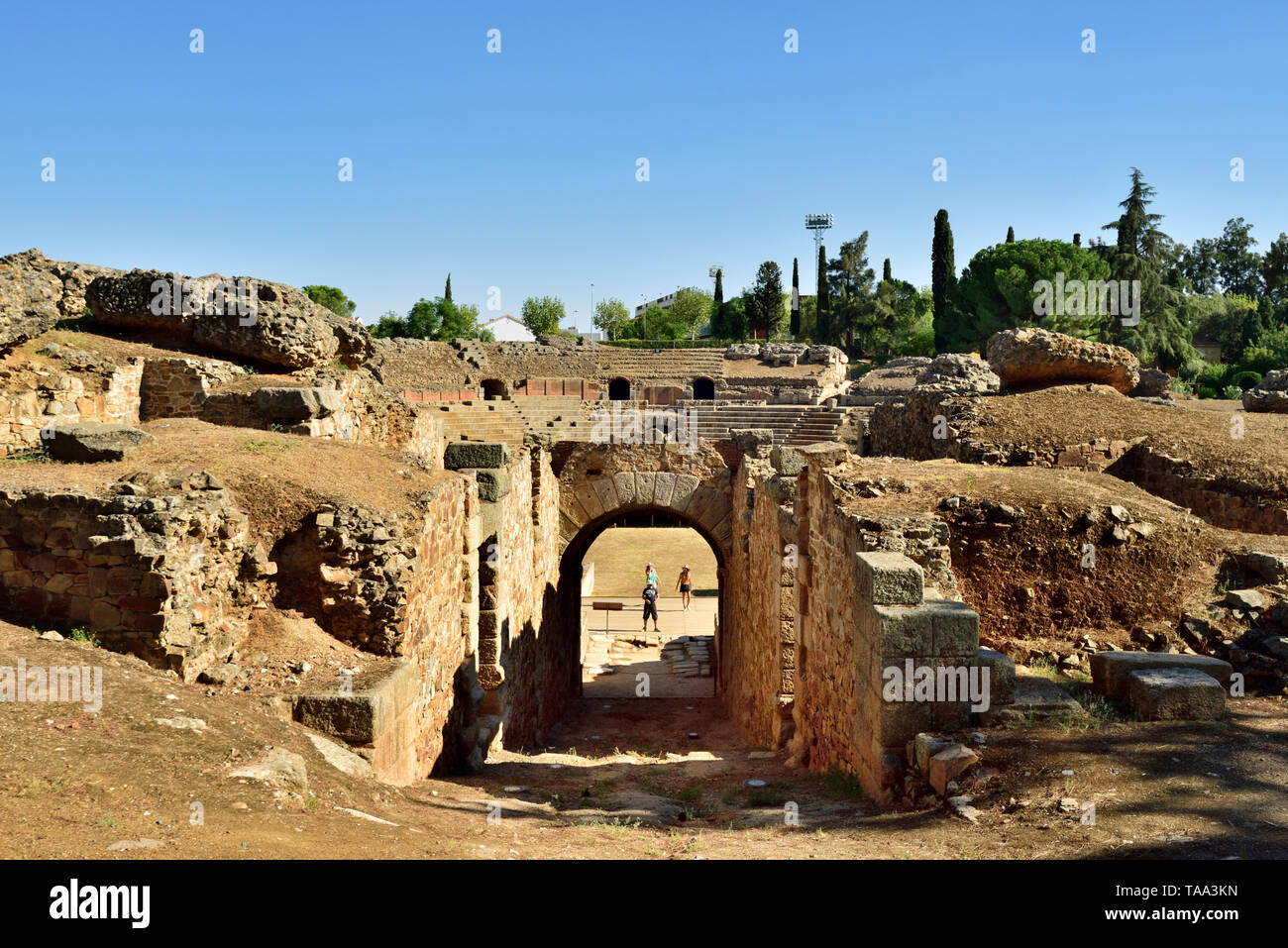 Uno degli ingressi al anfiteatro romano di Merida, risalente all'anno 8 A.C. Un sito Patrimonio Mondiale dell'Unesco. Merida, Spagna Foto Stock