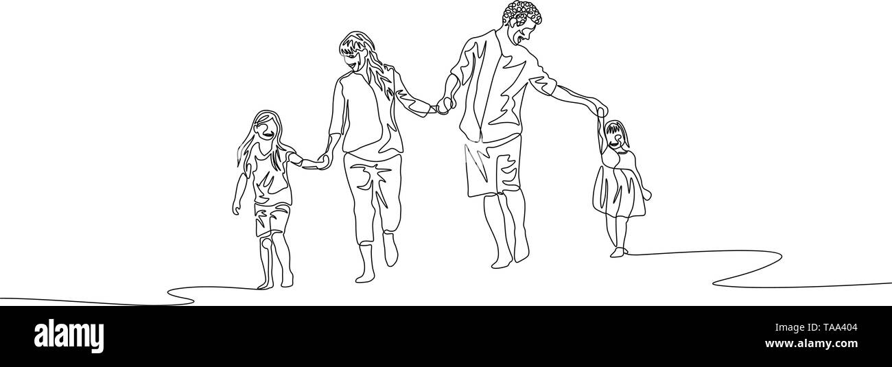 Linea continua famiglia felice camminare tenendo le mani Illustrazione Vettoriale
