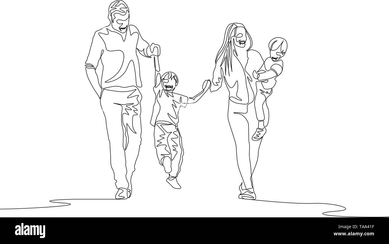 Linea continua famiglia camminare tenendo le mani e swigning figlio Illustrazione Vettoriale