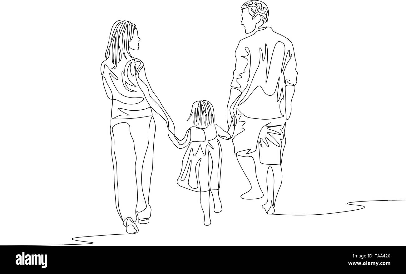 Linea continua famiglia camminare insieme e tenendo le mani Illustrazione Vettoriale
