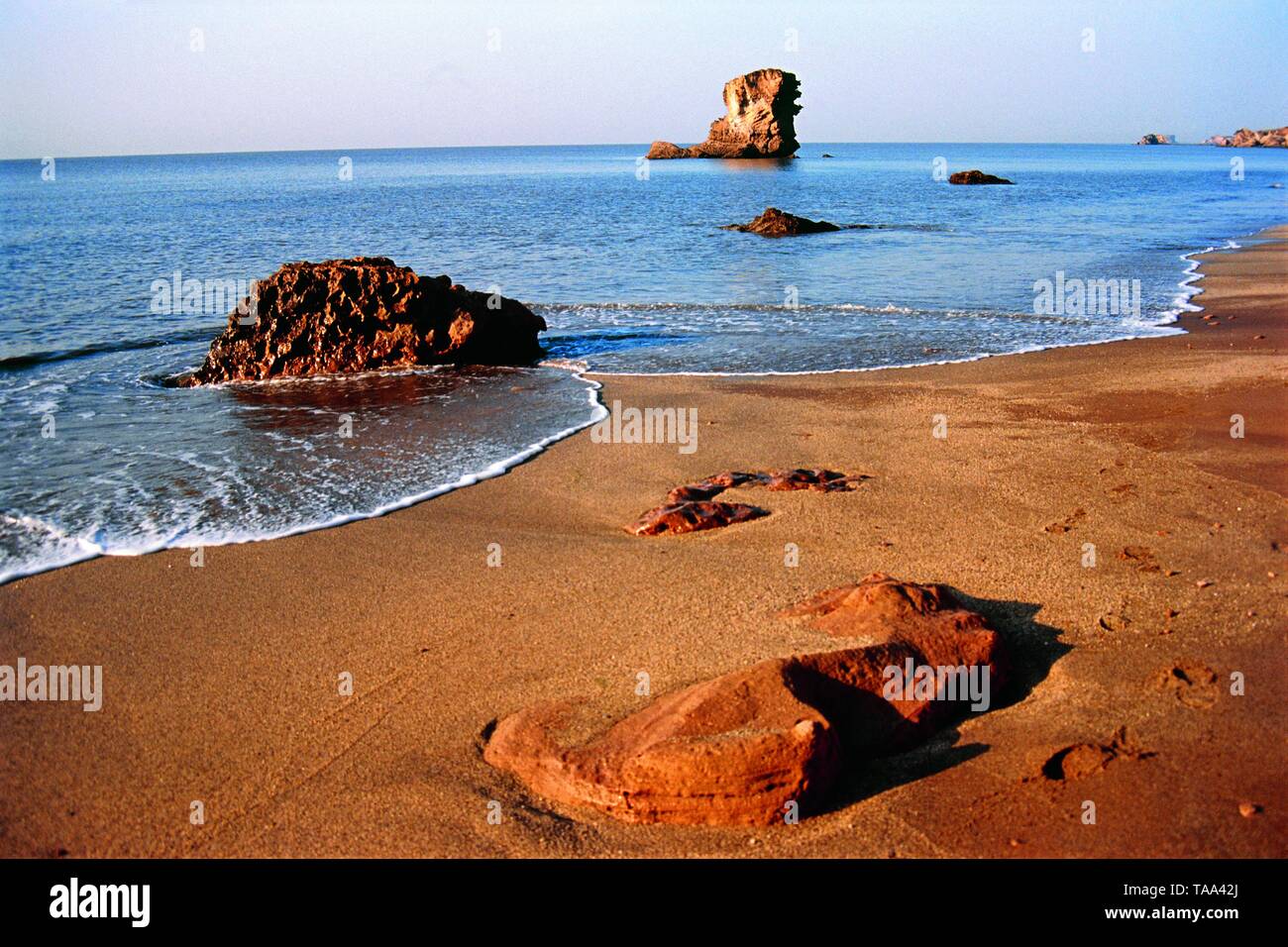 Mare solitario pila scultura dalle onde del mare, Saurashtra, Gujarat, India, Asia Foto Stock