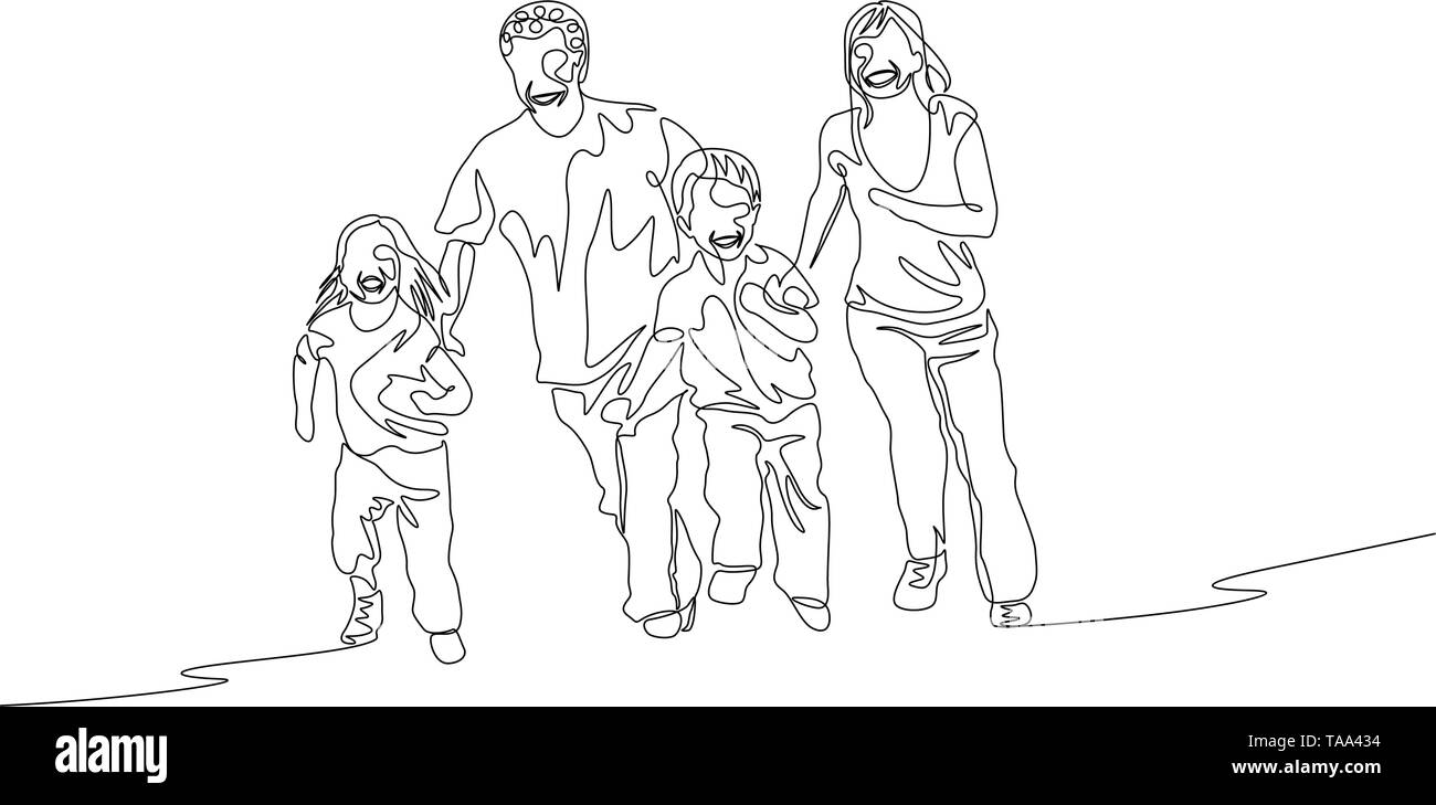 Continua linea di una famiglia felice in esecuzione. Concetto di famiglia Illustrazione Vettoriale