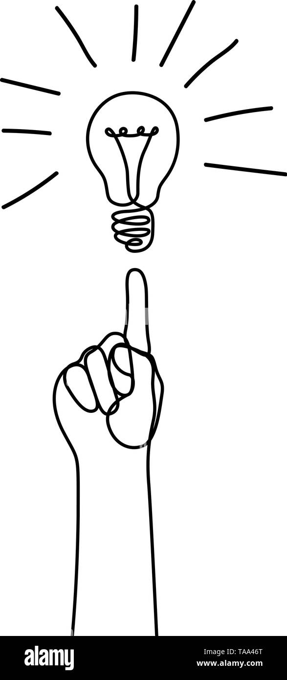 Linea continua mano alzata indice indice e lampadina è su Illustrazione Vettoriale