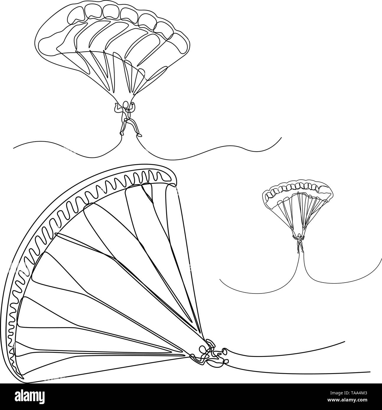 Linea continua serie di Parachutist, skydivers, vettore parachut ponticello Illustrazione Vettoriale