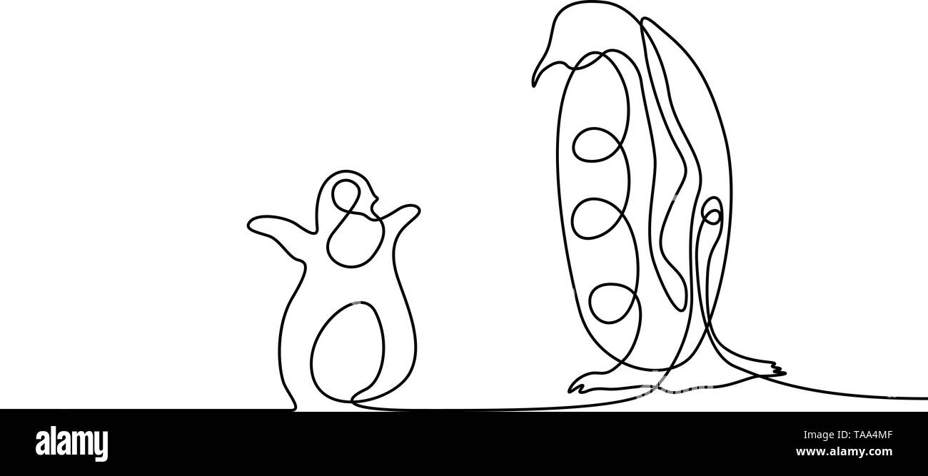 Linea continua di disegno pinguino genitore con un pinguino baby. I genitori amore concetto. Illustrazione Vettoriale. Illustrazione Vettoriale