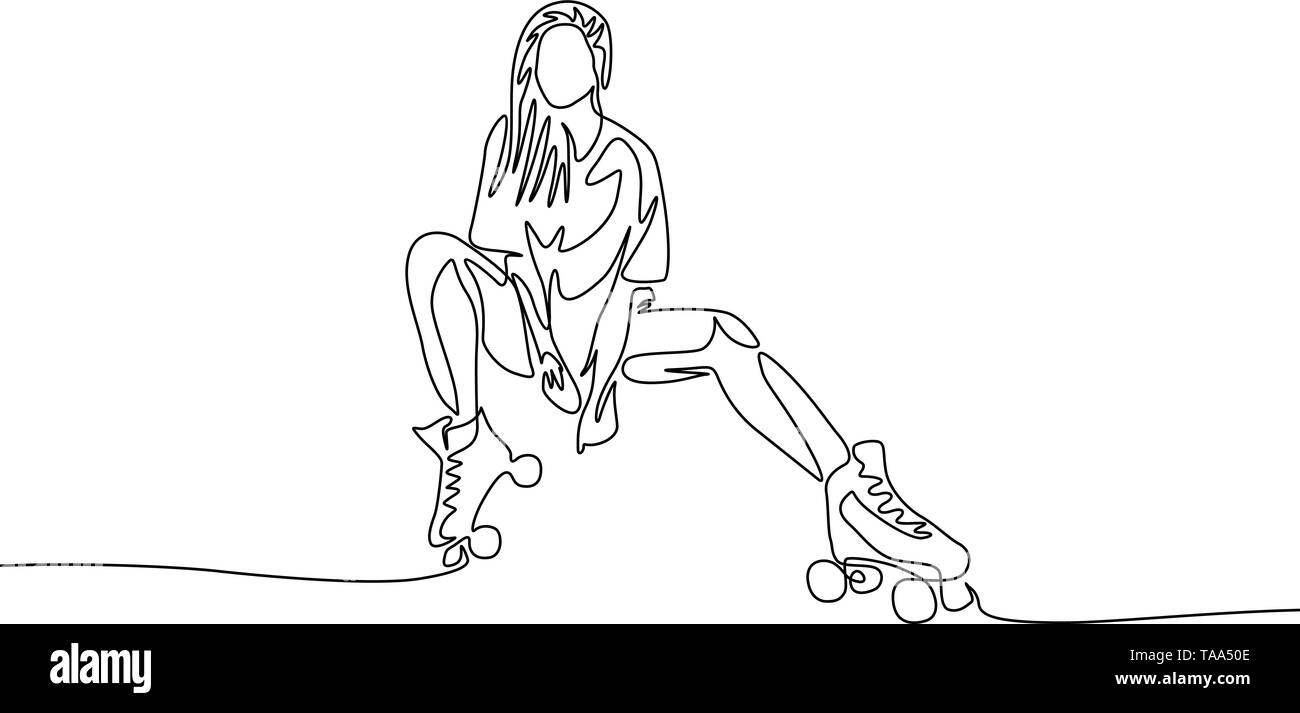 Continuo di un disegno della linea bellissima ragazza seduta ir roller skate. Sport, Hobby Tema. Illustrazione Vettoriale