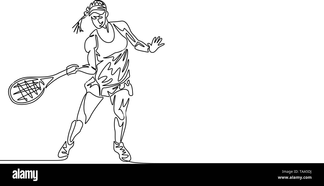 Continuo di un disegno della linea donna giocatore di tennis andando a colpire la palla Illustrazione Vettoriale
