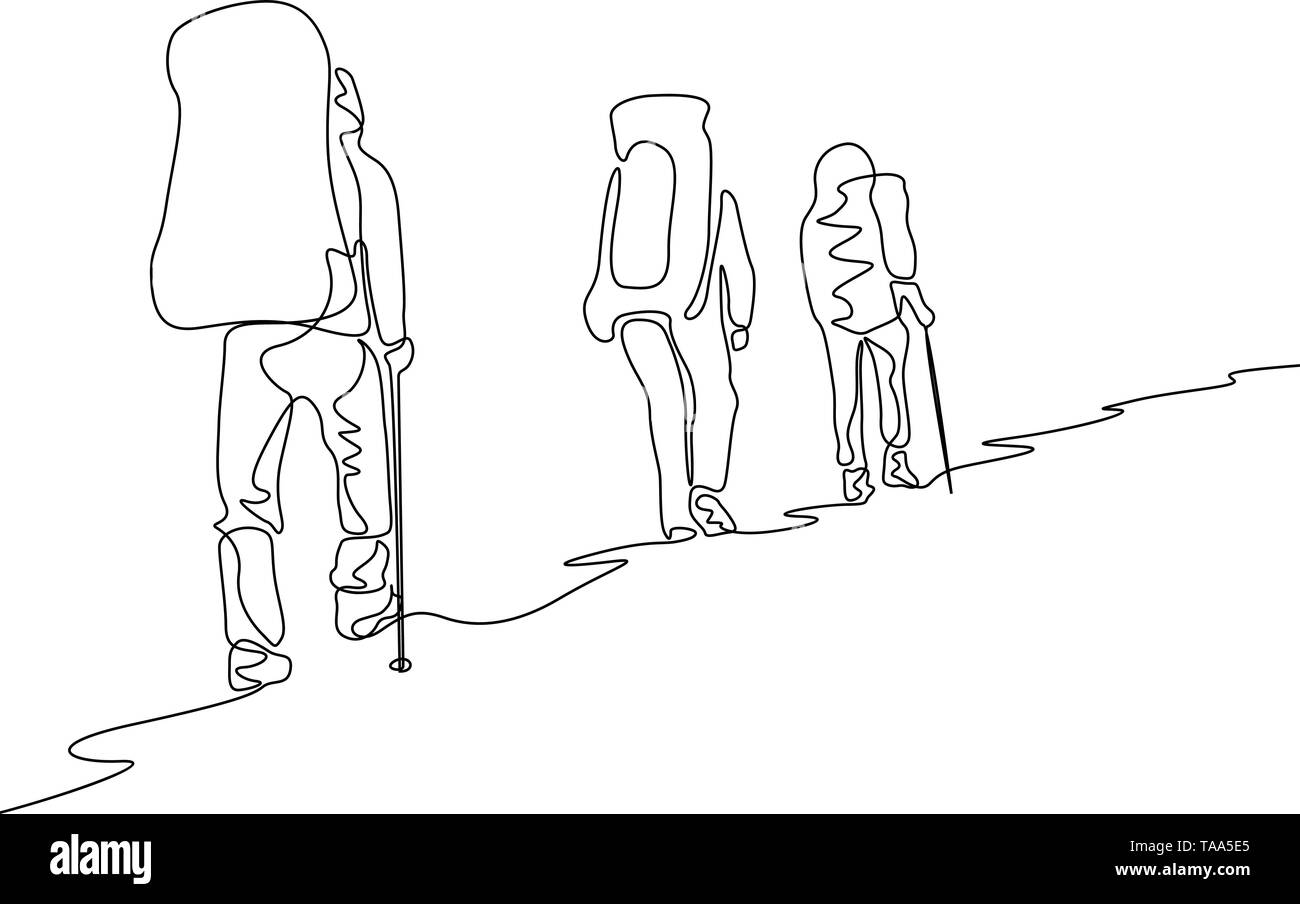 Una continua linea gruppo di disegno di tre viaggiatori escursionismo Illustrazione Vettoriale