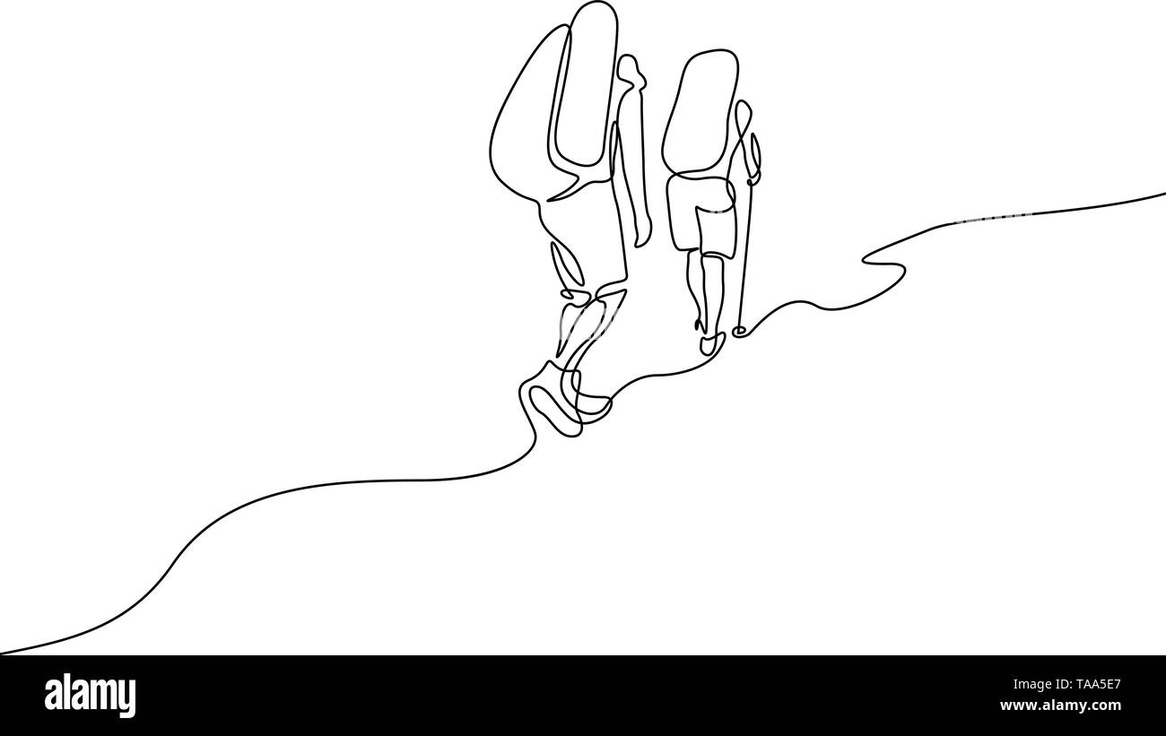 Continuo di un disegno della linea due viaggiatori escursionismo Illustrazione Vettoriale