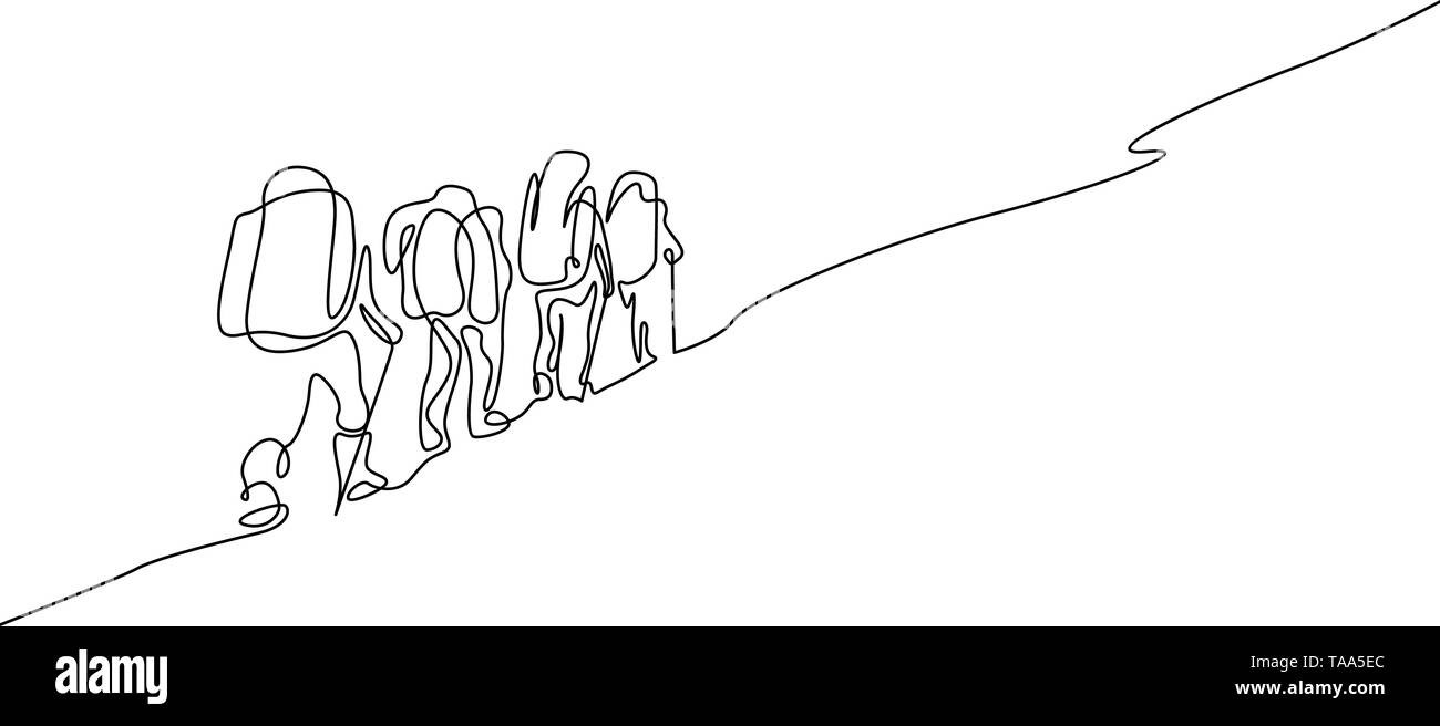 Continua il disegno di un gruppo di quattro persone escursionismo Illustrazione Vettoriale