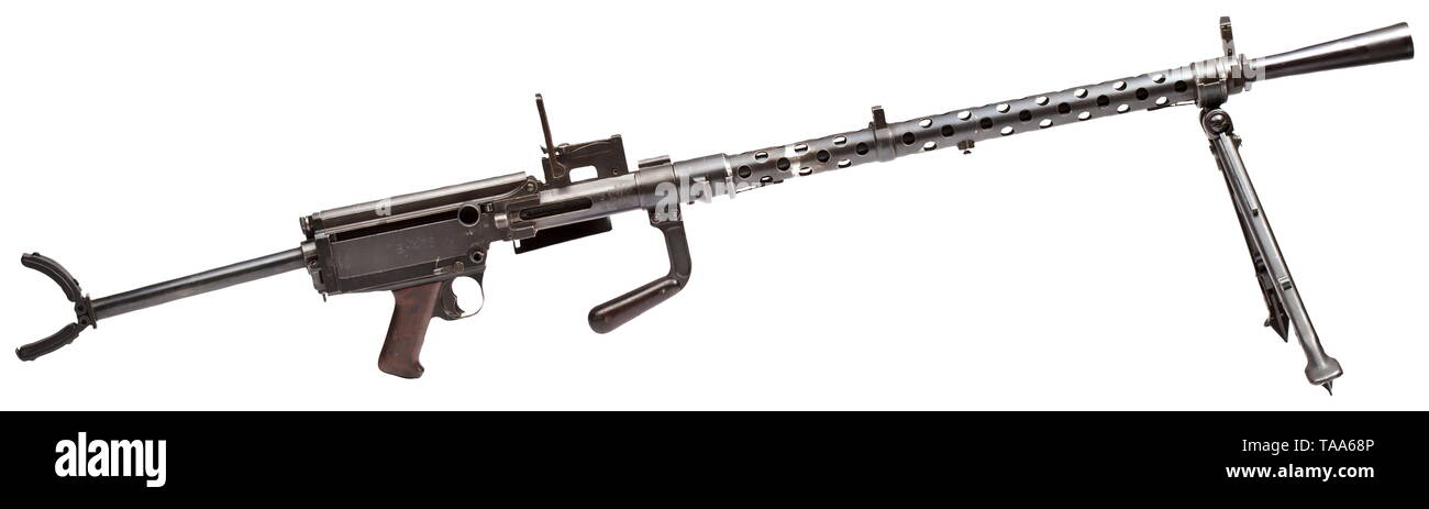 Una luce Dreyse mitragliatrice Mod. 13 ('Metralhadora Dreyse m/938'), il Portogallo contratto 1938, de-attivato arma Cal. 8 x 57. Muso spegnifiamma flash. Bipiede. Maniglia per il trasporto. Tracolla pieghevole stock. 25-shot box magazine. Sul lato destro del ricevitore portoghese stemma con l'anno "1938". Vari marchi di accettazione eagle/DMG4. Completare la finitura originale. Viene fornito con blank-adattatore di cottura e di una piastra del magazzino contenente otto riviste. Tutte le parti mobili. Utilizzato anche dalle unità della Wehrmacht durante la seconda metà di WW II. Modifica del certificato. Lunghezza 146/120 cm. storica, storica del Portogallo, Editorial-Use-solo Foto Stock