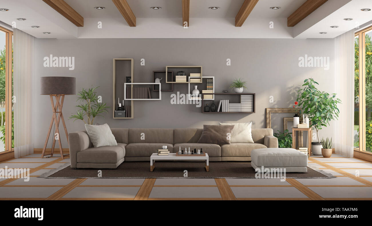 Minimalista grande soggiorno con divano e libreria sullo sfondo - il rendering 3D Foto Stock