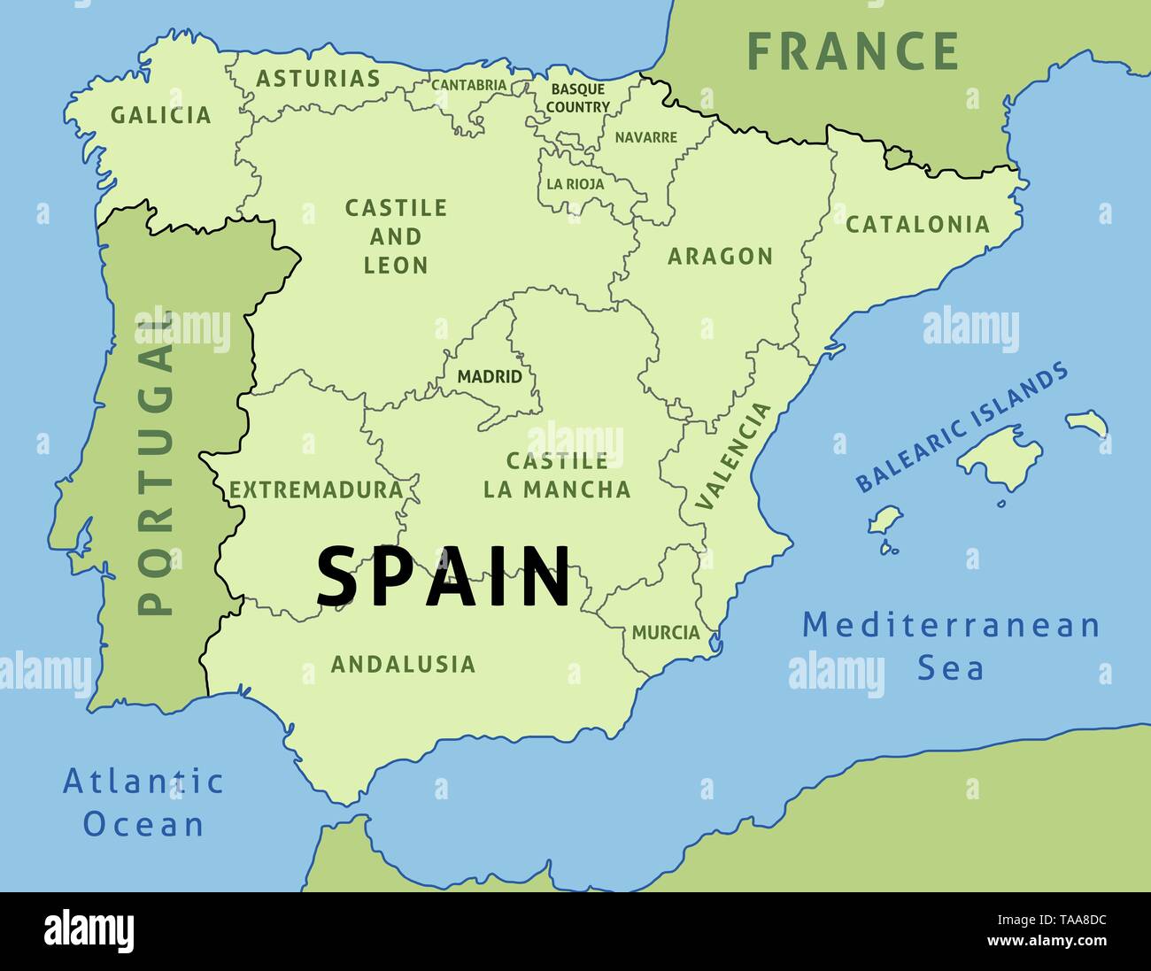Mappa di Spagna. Profilo illustrazione mappa del paese delle comunità autonome. Illustrazione Vettoriale
