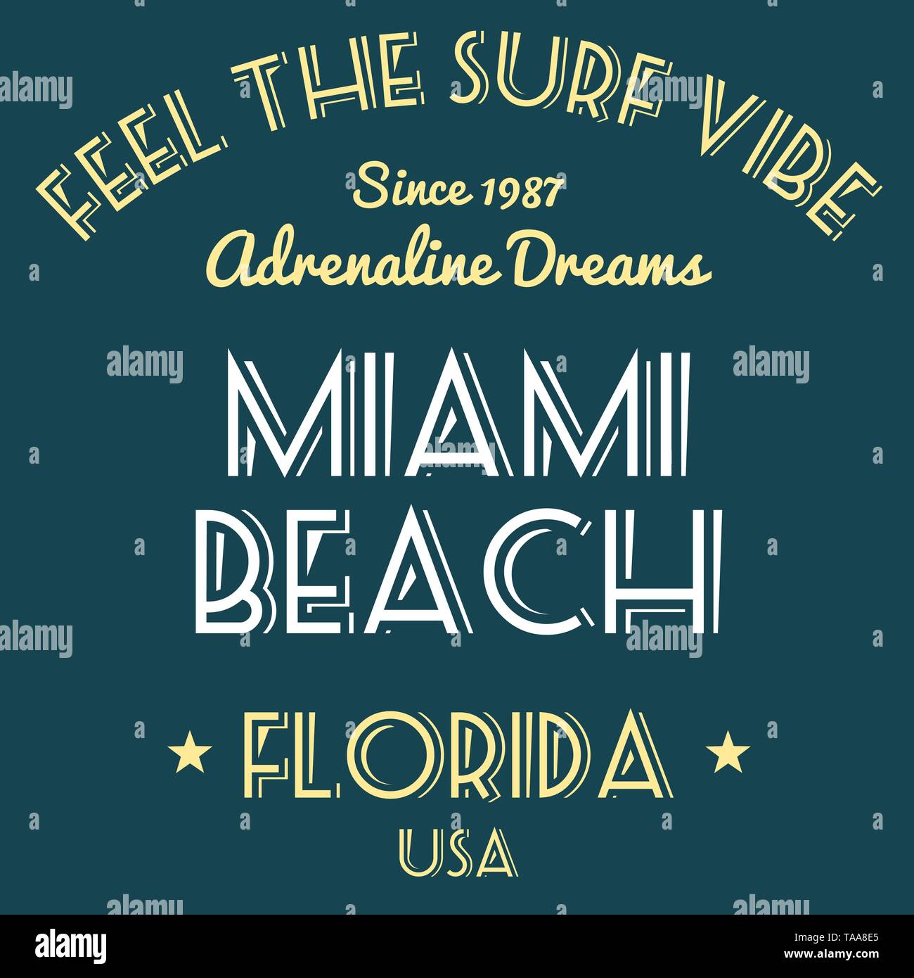 T-shirt design - grafica di moda. Vacanza surf tipografia. Miami Beach, Florida. Illustrazione Vettoriale