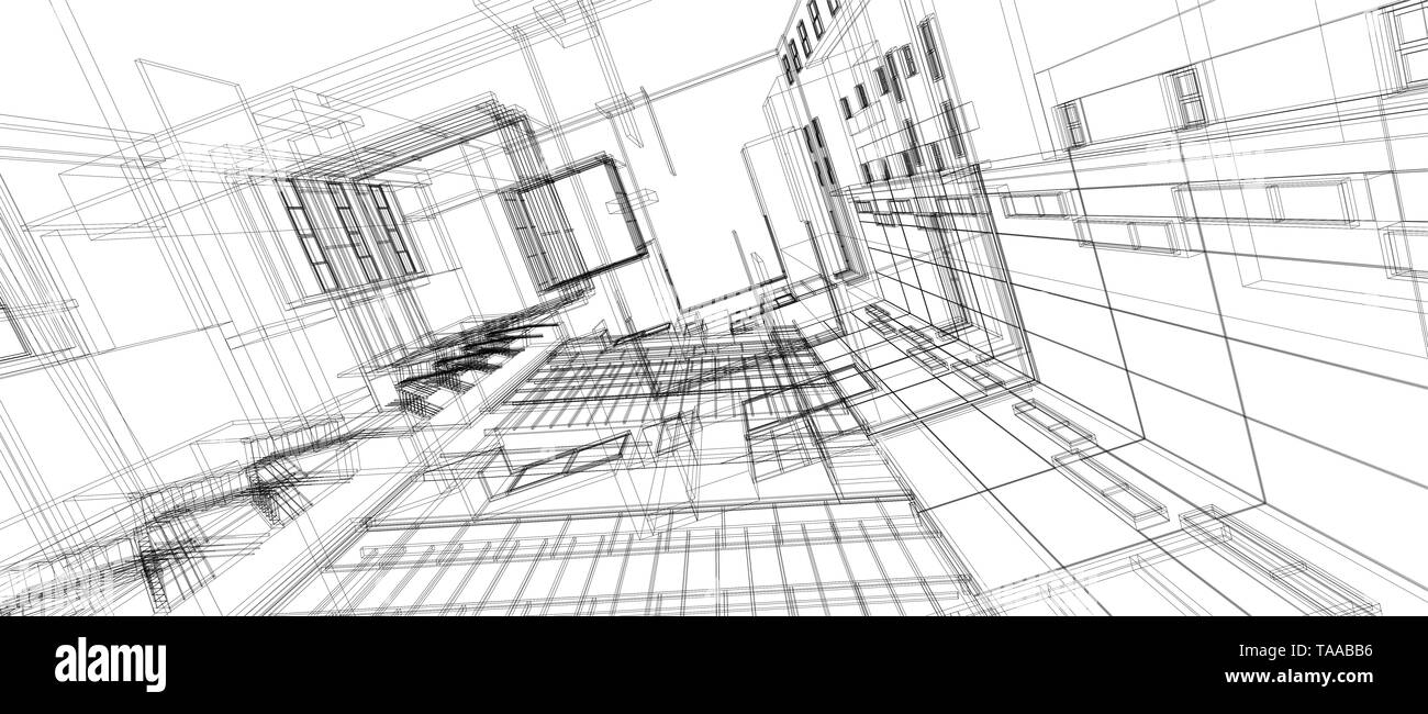 Edificio di architettura space design concept di prospettiva  3d'intelaiatura a filo isolato di rendering sullo sfondo bianco. Per  astratta o sfondo desktop wallpaper Foto stock - Alamy