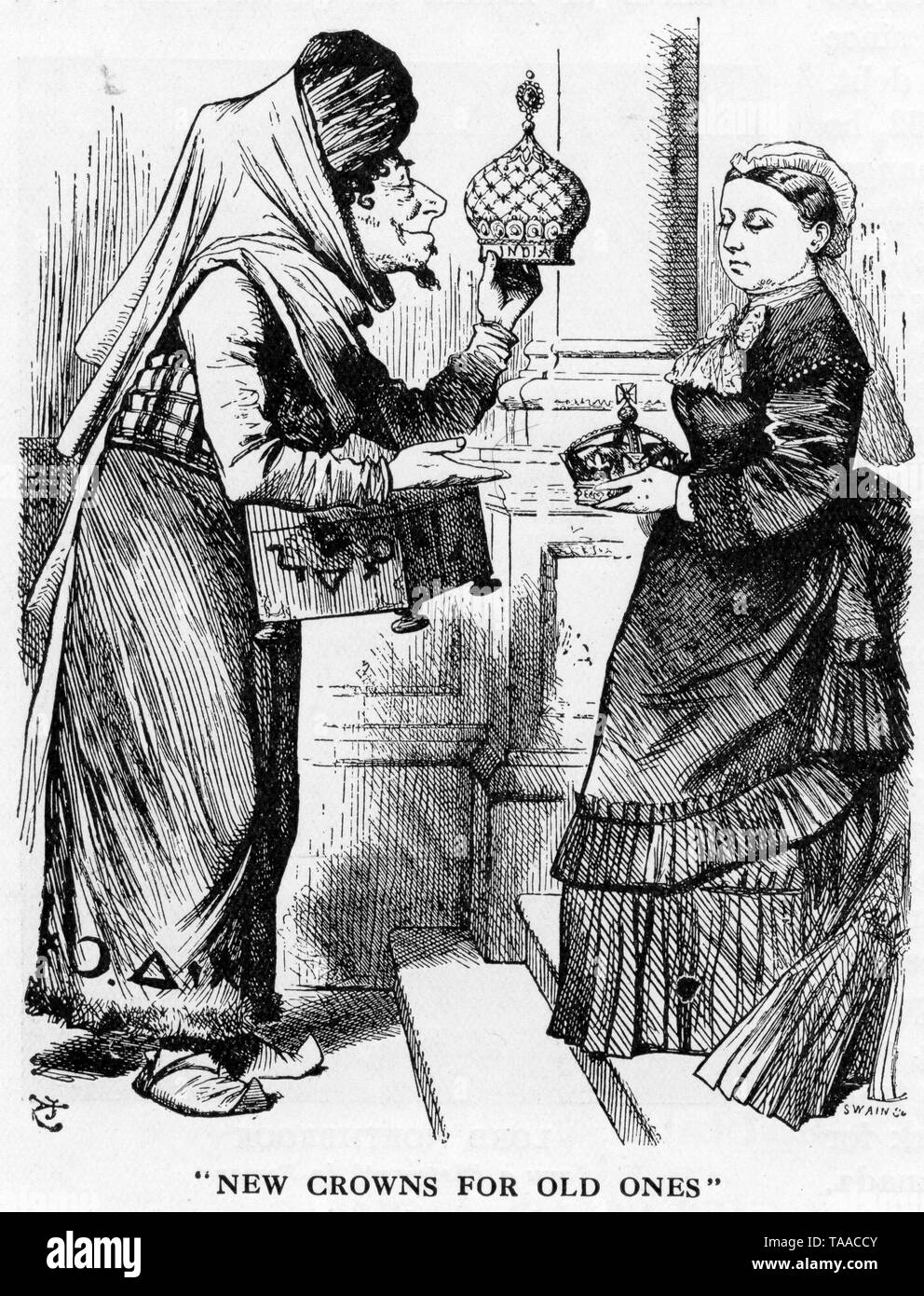 'Nuove corone per i vecchi', 1876. Di Sir John Tenniel (1820-1914). Un fumetto di Punch, 15th aprile 1876. Un fumetto satirico che utilizza una pastiche di Aladdin. Il cartone illustra come nel 1877, Benjamin Disraeli (1804-1881), il primo ministro conservatore, aveva la Regina Vittoria (1819-1901) proclamato imperatrice dell'India. Foto Stock