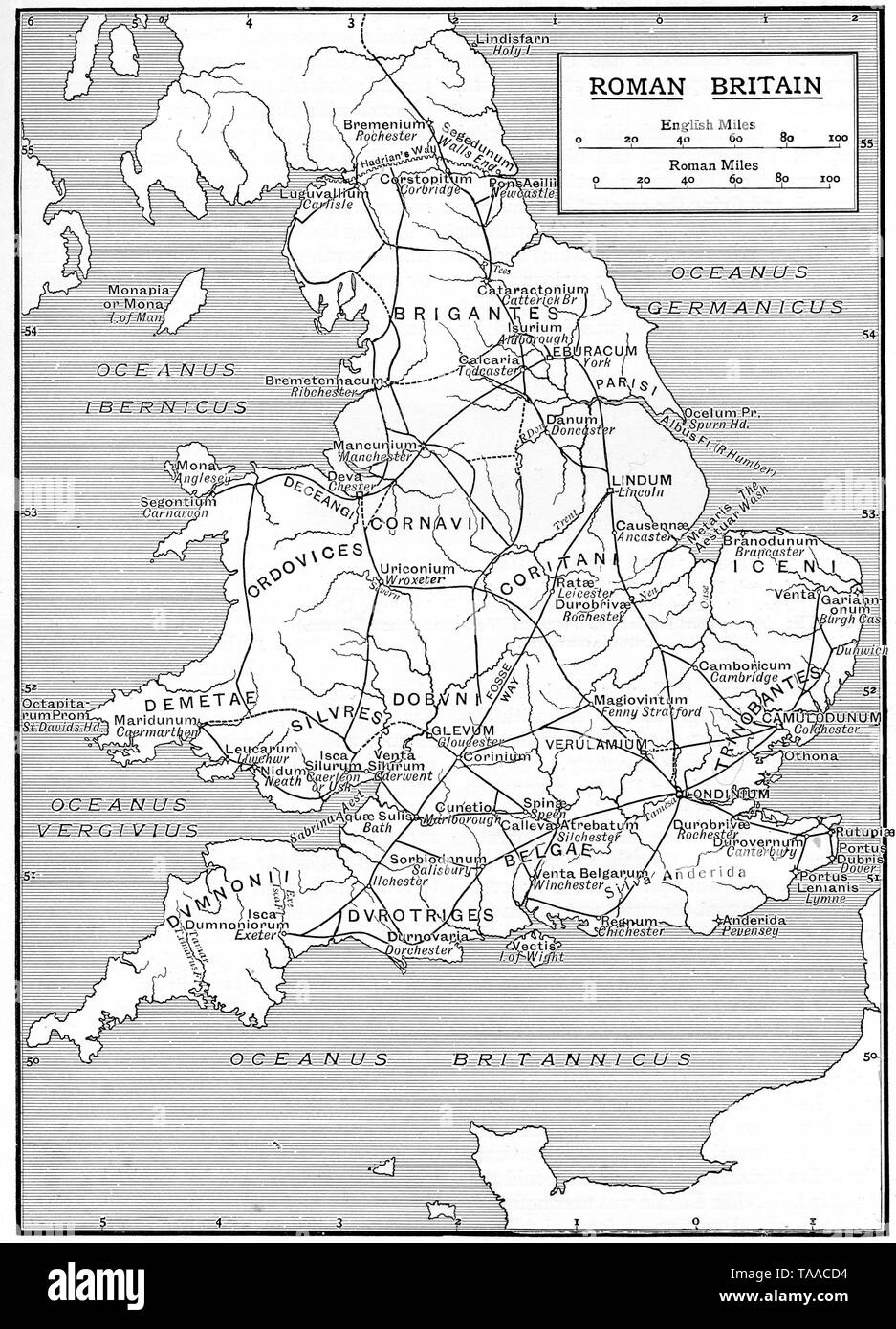 Una mappa che mostra l'infrastruttura della Bretagna romana, 1925. Foto Stock