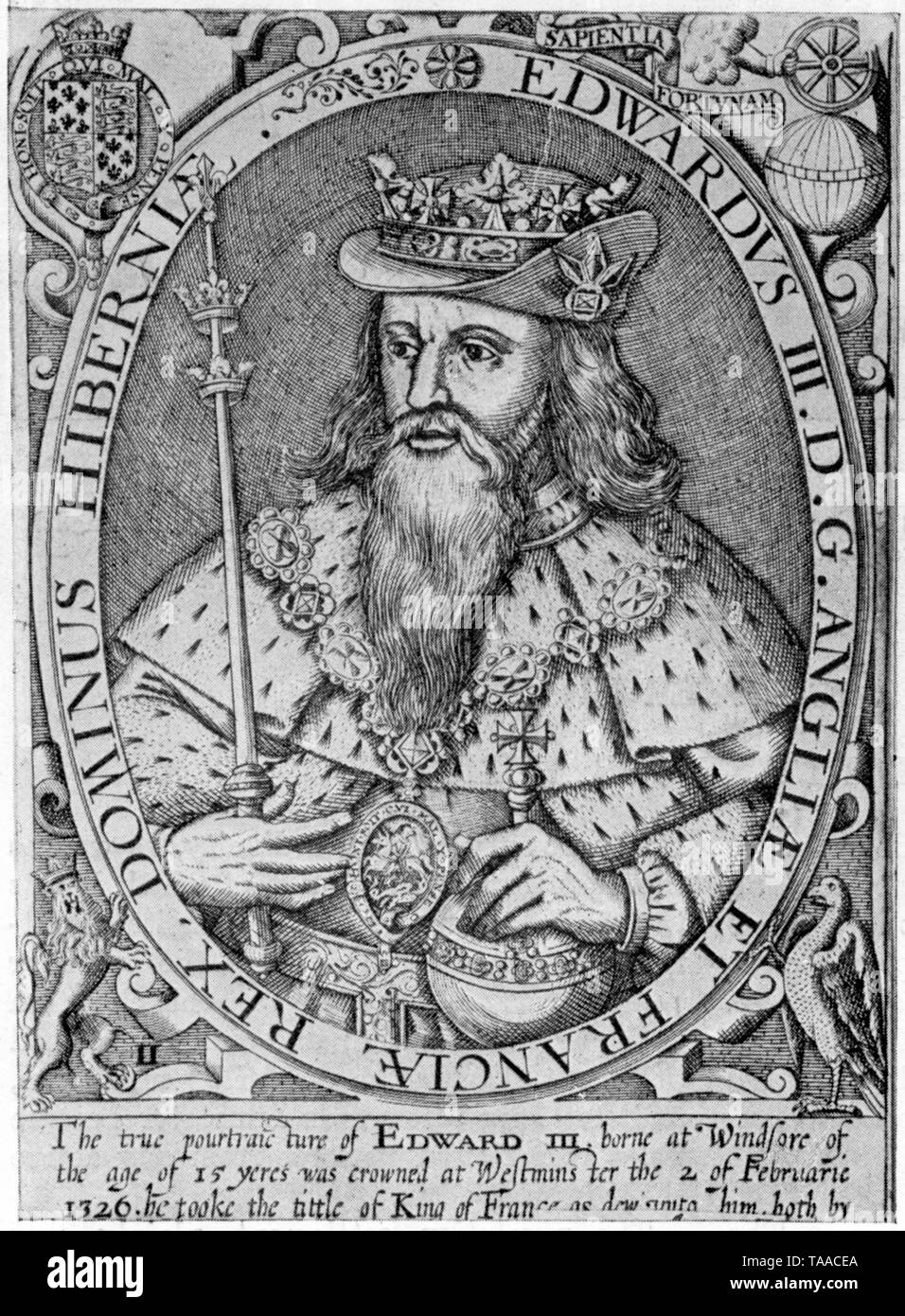 Edoardo III (1312-1377). Di Renold Elstracke aka Reginold Elstrack (1570-dopo il 1625). Da un'incisione di Renold Elstracke (1570-dopo il 1625), 1618. Pubblicato in Martin 'Re d'Inghilterra', 1638. Qui raffigurò il re plantageneto Edoardo III (1312-1377). Foto Stock