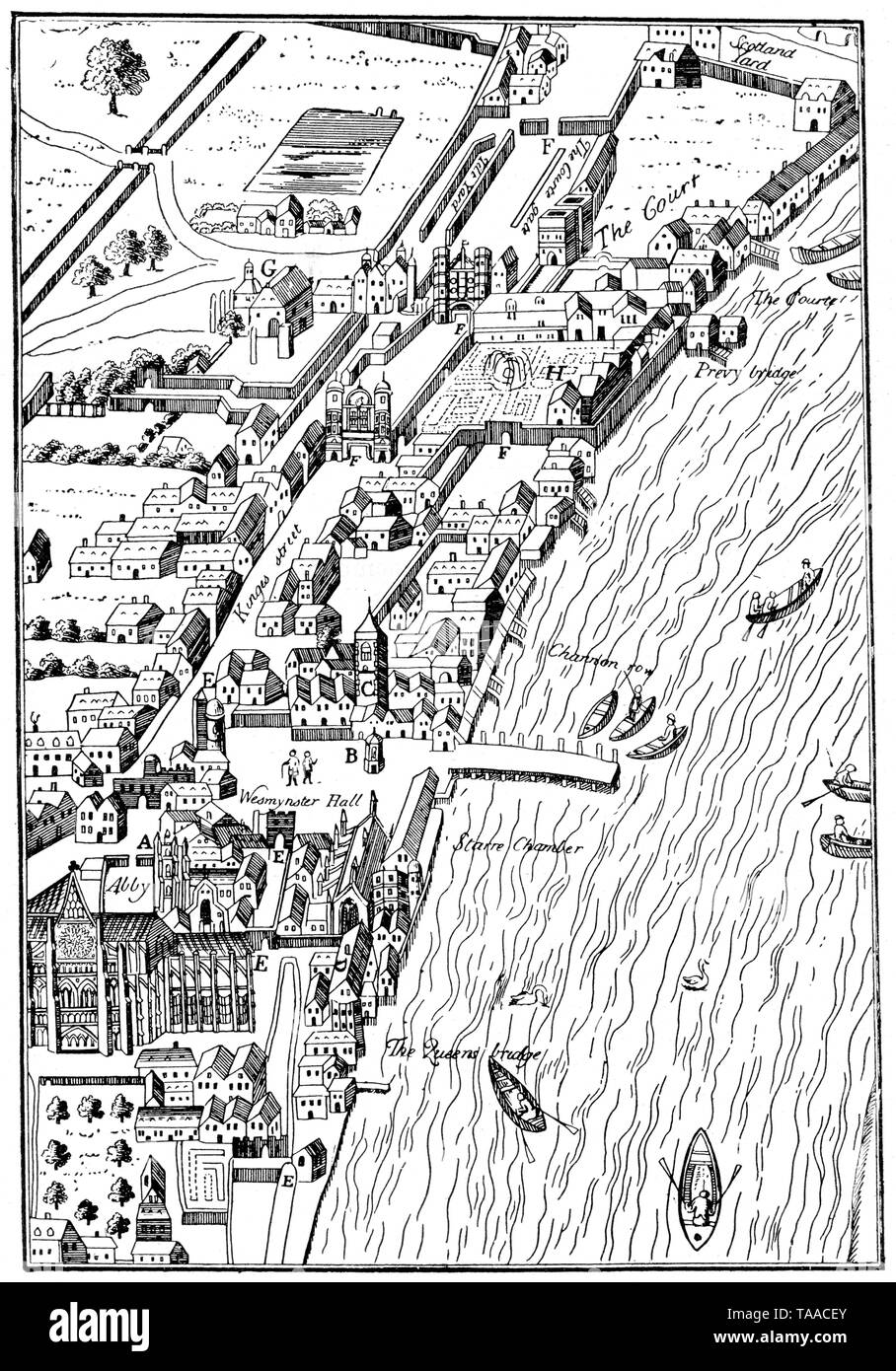 Piano di parte della città di Westminster, preso da Agas' Mappa di Londra, Civitas Londinium, 1578. Eventualmente da Ralph Agas (c1540-1621). Questa vista sul Tamigi dispone anche di Westminster Abbey e l'originale Palazzo di Westminster. Foto Stock