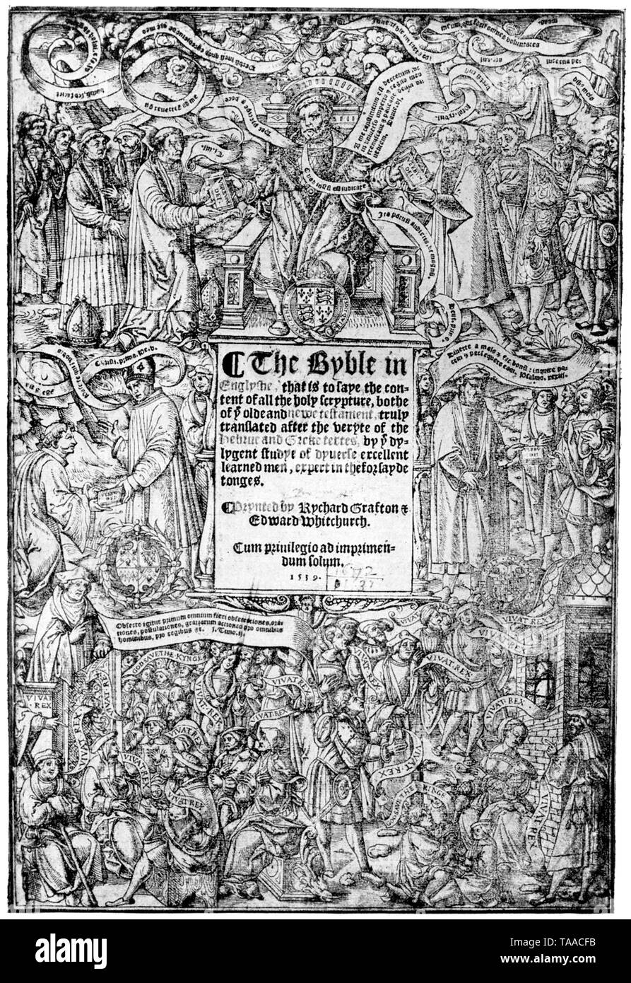 Pagina del titolo della prima edizione di "La grande Bibbia", 1539. Originale nel British Museum. La grande Bibbia è stata la prima edizione autorizzata della Bibbia in lingua inglese ed è stato autorizzato dal Re Enrico VIII (1491-1547) per essere letta nella chiesa di Inghilterra servizi. La grande Bibbia è stata preparata da Myles Coverdale (c1488-1569), sotto la commissione di Thomas, Signore Cromwell (c1485-1540). Foto Stock