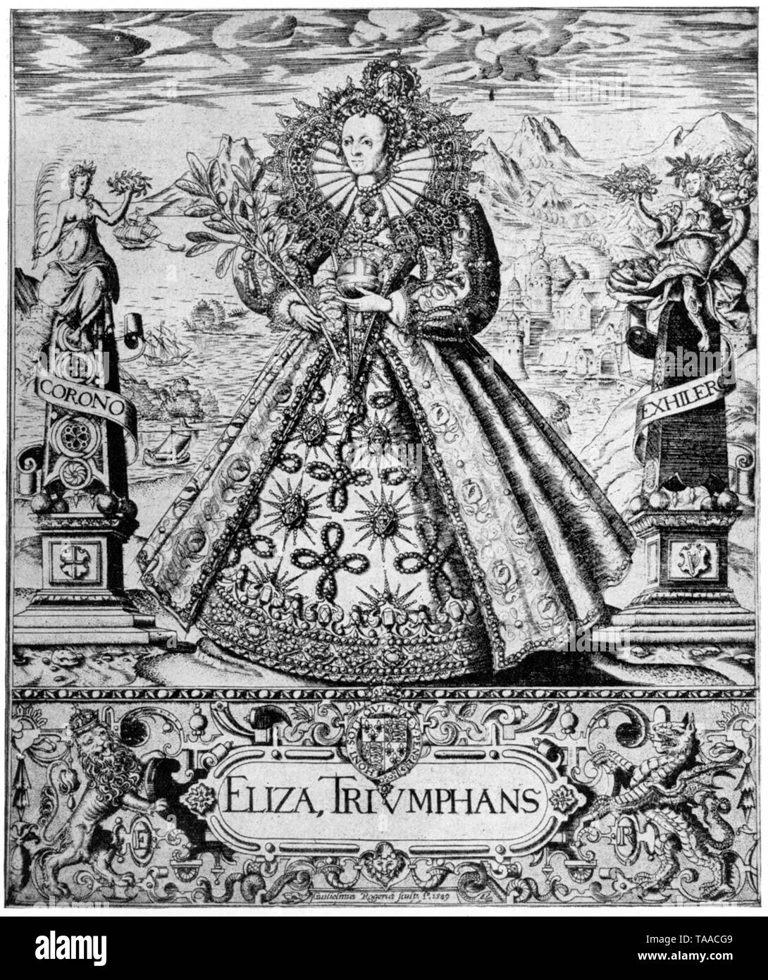 Elizabeth Triumphant (Eliza Triumphans), c1589. Di William Rogers (c1545-c1604). Questa prima incisione in rame celebra la vittoria di Elisabetta i sull'Armada spagnola. Si erge trionfante circondata da emblemi di vittoria e di pace, di fronte ad un paesaggio marino che simboleggia la dominanza britannica del mare. Foto Stock