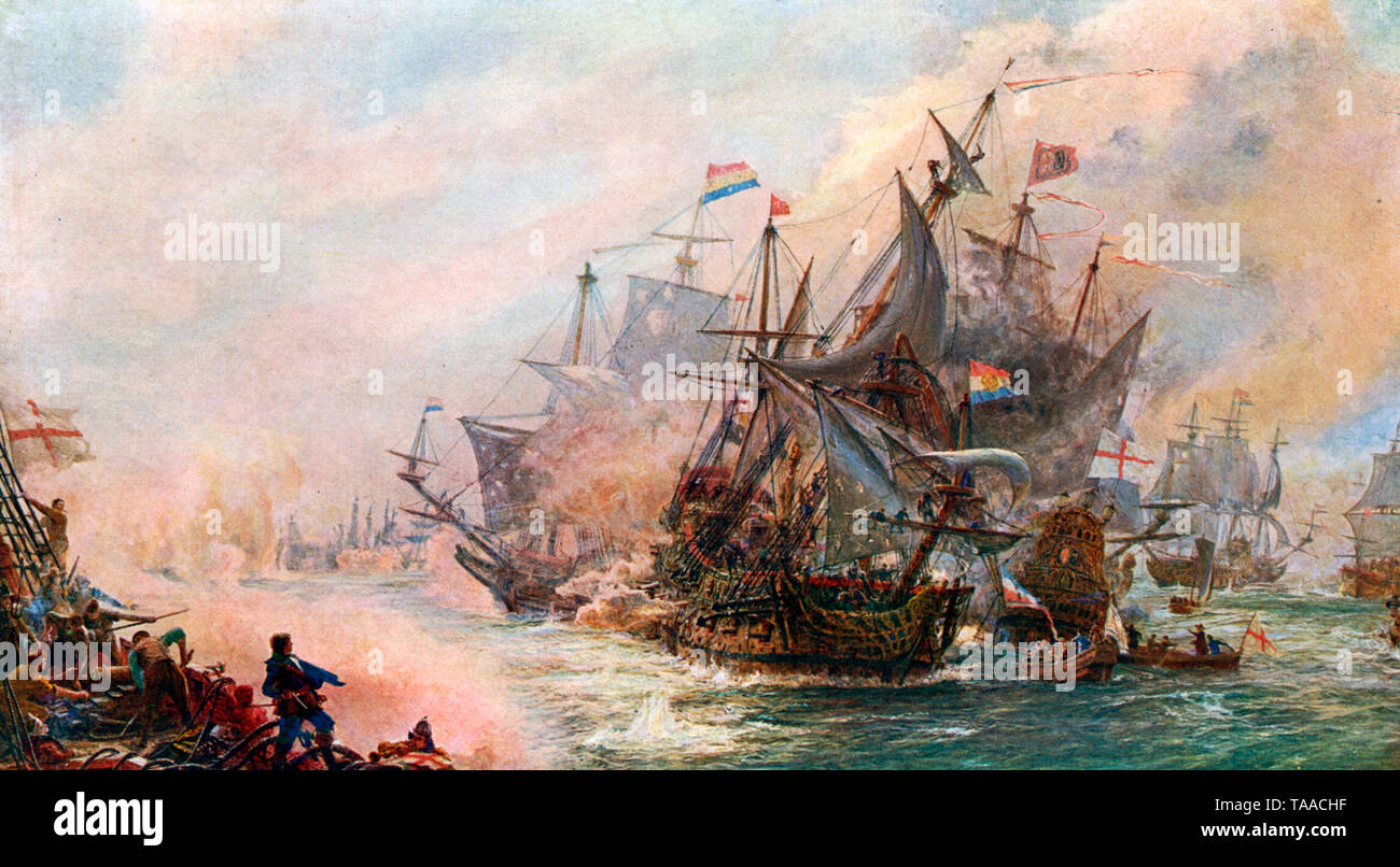 "La battaglia di Goodwin Sands". Di William Lionel Wyllie (1851-1931). La battaglia fu combattuta dagli inglesi sotto l'ammiraglio Robert Blake (1598-1657) e dagli olandesi sotto l'ammiraglio Maarten Harpertszoon Tromp (1598-1653) come parte delle guerre anglo-olandesi. Foto Stock