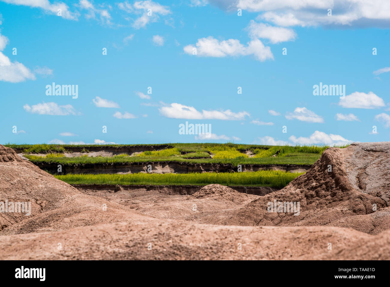 Parco nazionale Badlands - Paesaggio con tre strati - praterie, eroso formazioni rocciose e bel cielo azzurro con puffy nuvole bianche Foto Stock