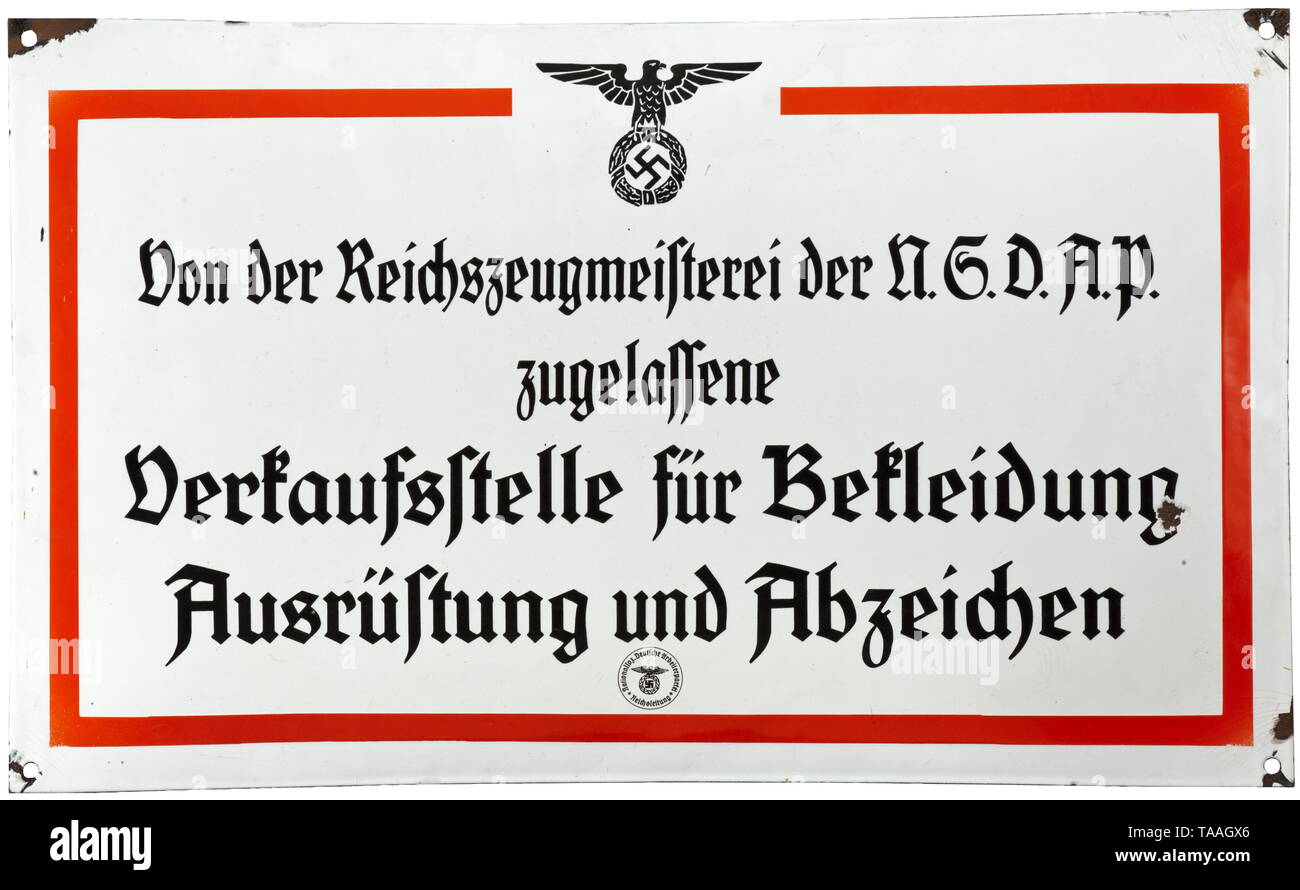 Un segno di smalto del Reich quartermaster dell'ufficio del NSDAP la certificazione come (tr) 'Sales uscita per abbigliamento, attrezzature e insegne' storica, storica del xx secolo, Editorial-Use-solo Foto Stock
