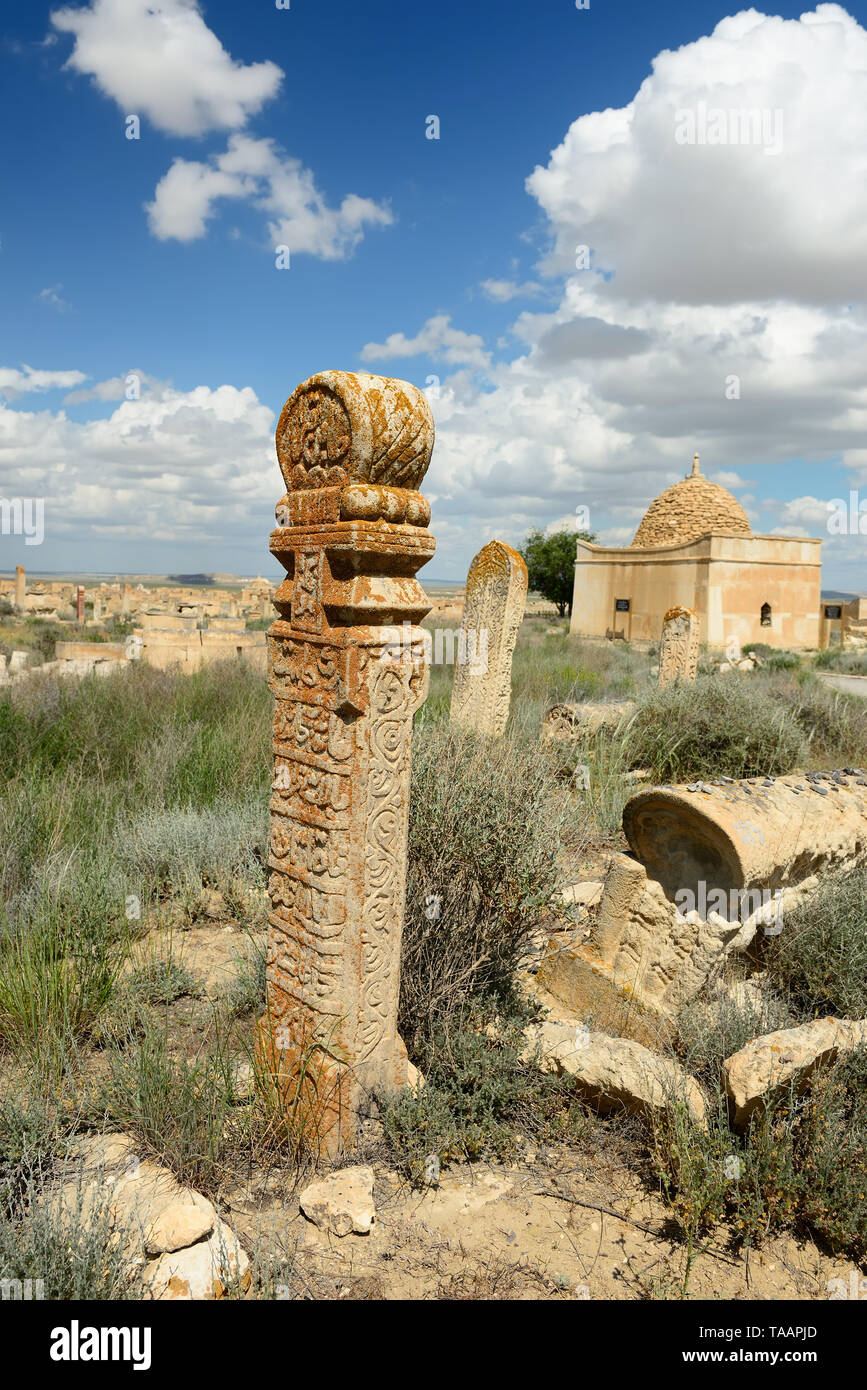Vecchia lastra tombale sulla necropoli in Shopan Ata, Mangistau provincia, Kazakistan. Foto Stock
