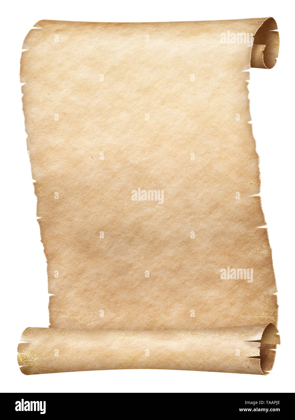 Antica pergamena scorrere isolato su bianco Foto Stock