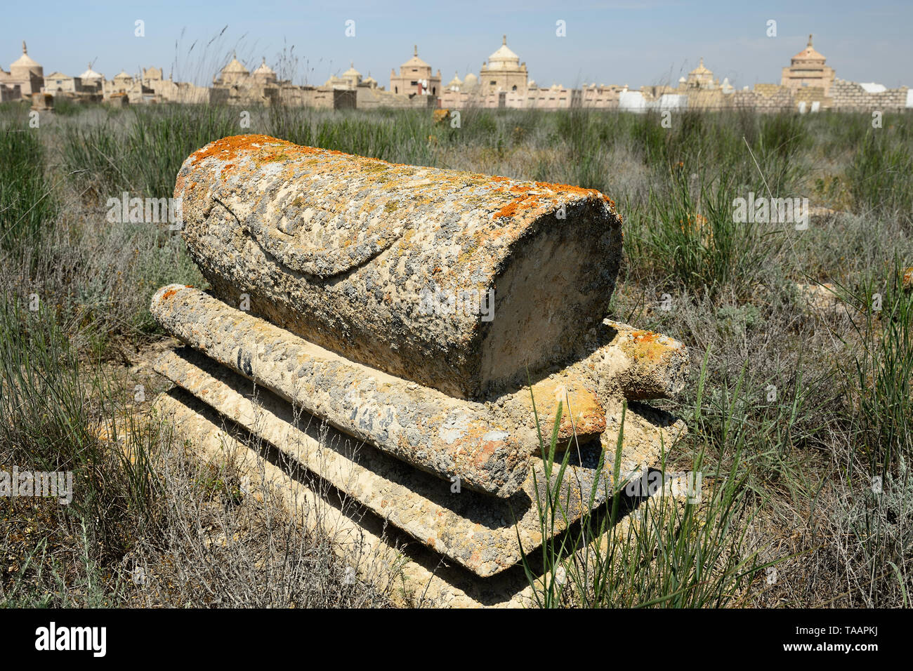 Vecchia lastra tombale sulla necropoli in Koshkar Ata, Akshukur, Mangistau provincia, Kazakistan. Foto Stock