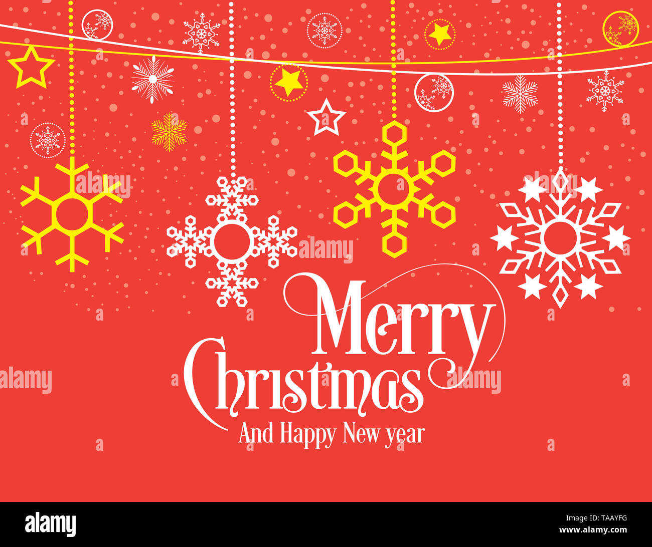 Buon Natale e Felice Anno Nuovo errori tipografici decorate con Star, il simbolo del fiocco di neve in sfondo rosso. Buon Natale illustrazione vettoriale. Foto Stock
