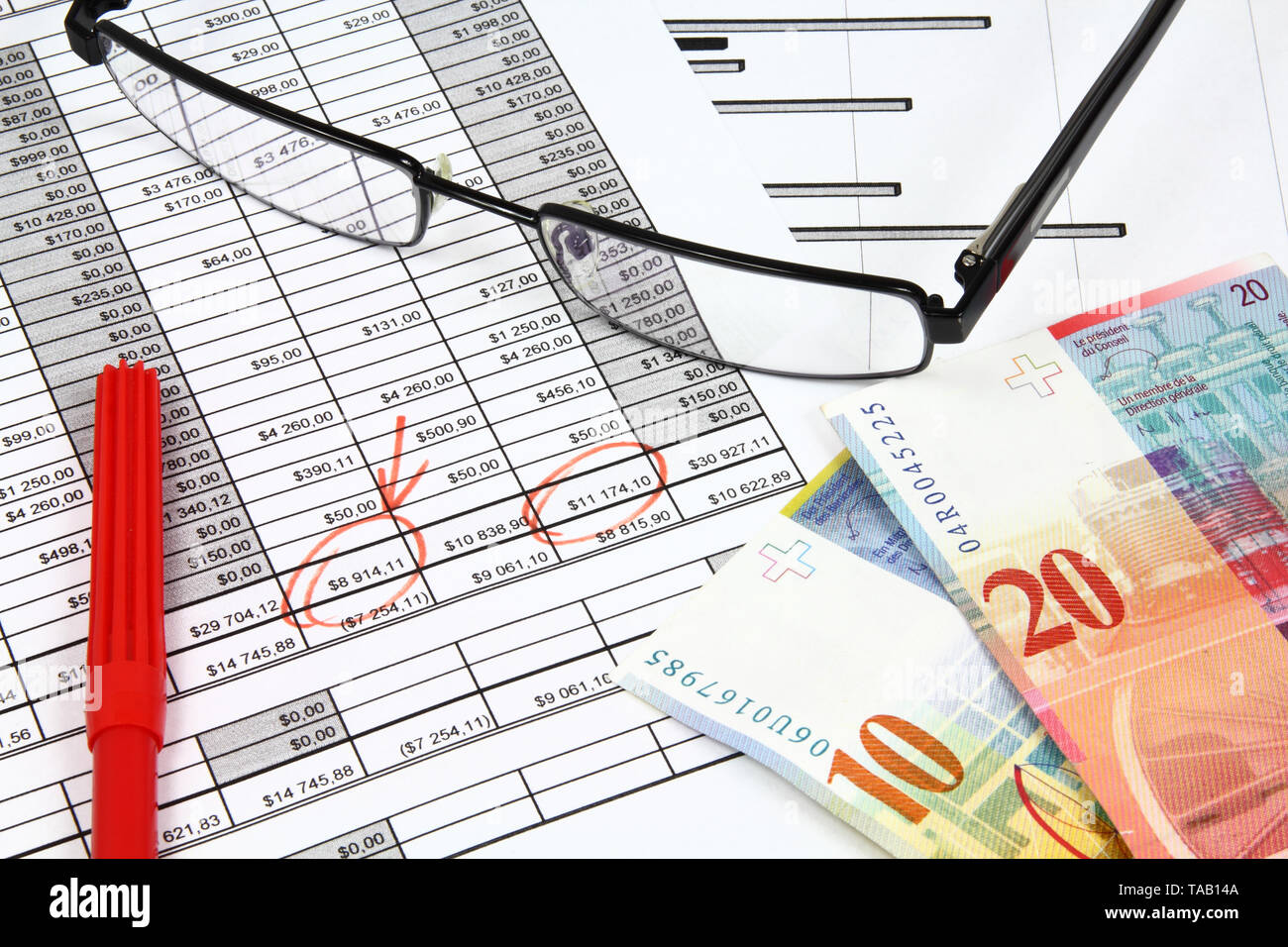 Composizione di business. Analisi finanziaria - Dichiarazione di reddito, finanza grafici, franco svizzero denaro e bicchieri. Foto Stock