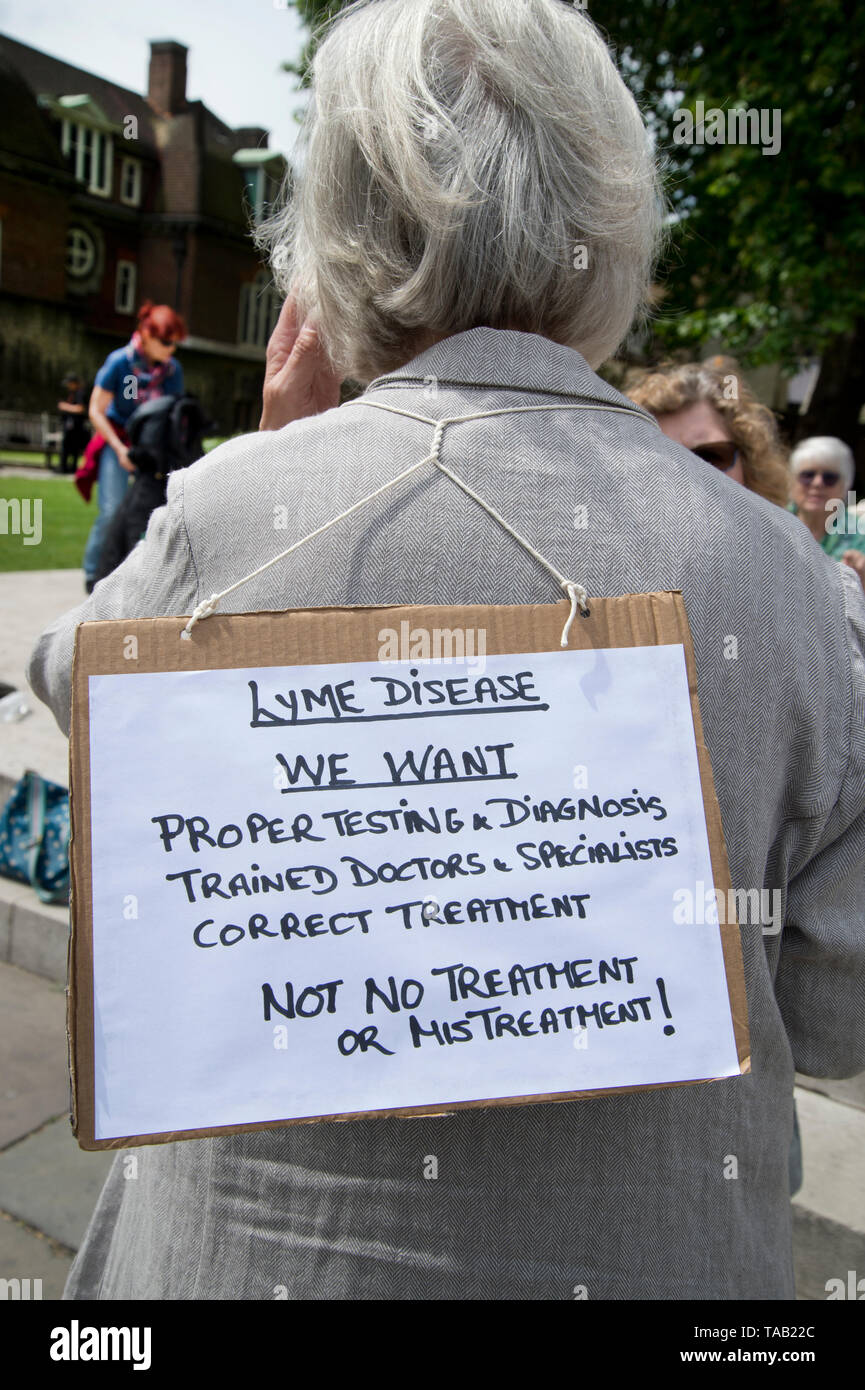 Westminster. Di fronte alla sede del Parlamento il 22 maggio 2019. Protesta da parte di persone con la malattia di Lyme chiedendo al governo di fornire maggiori informazioni e m Foto Stock