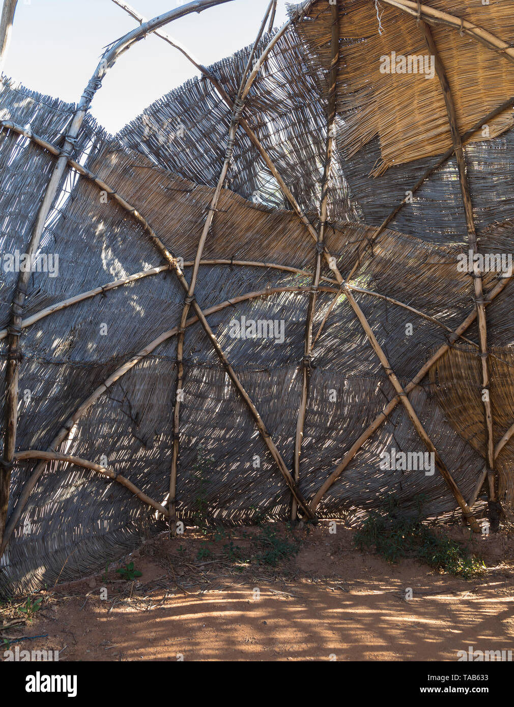 Allestimento interno di un Nama Kookskerm, un Khoishan reed hut per la cottura e socializzazione Foto Stock