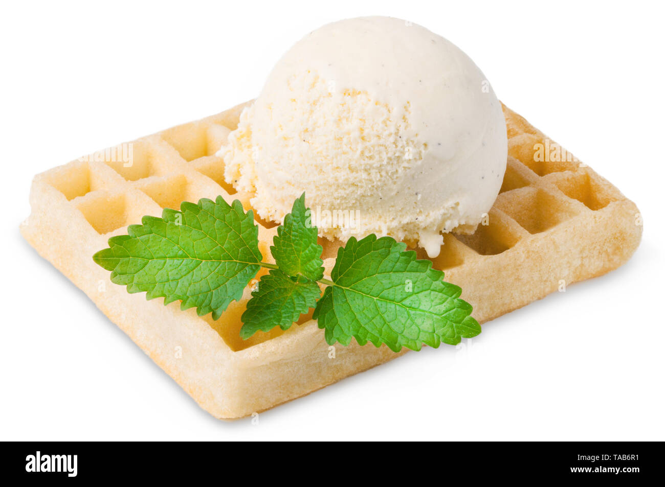 Waffle con gelato alla vaniglia e una foglia di menta Foto Stock