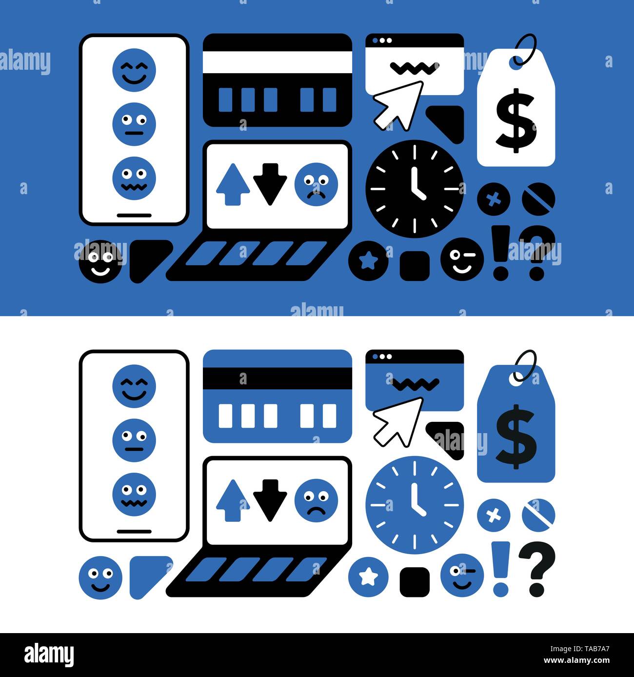 Un set di icone della tematica del centro di servizio per la riparazione di apparecchiature mobili. Il concetto di background tecnico della moderna blu e nero. Illustrazione Vettoriale