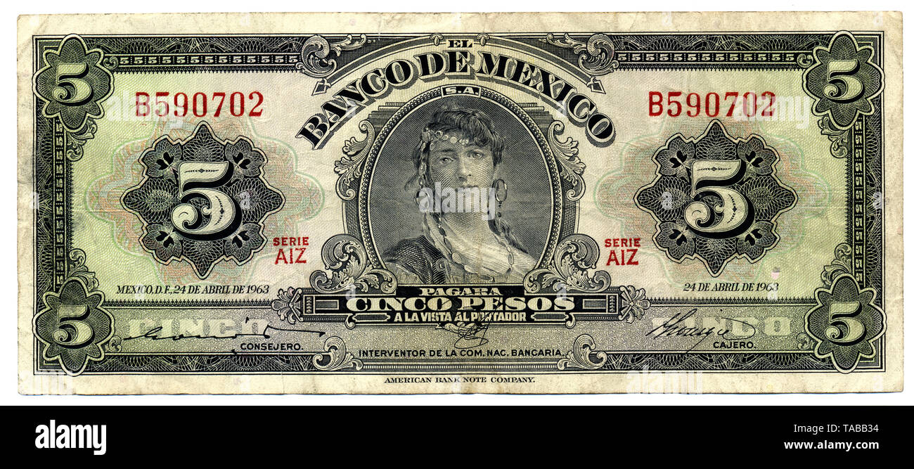 Historische banconota Mexiko, 5 pesos, 1963 Foto Stock