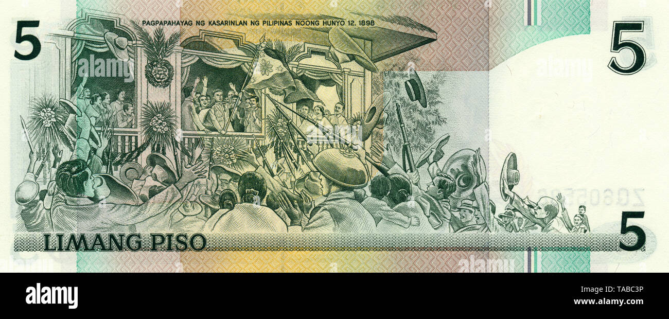 La banconota aus den Philippinen, 5 Piso, Peso, Emilio Aguinaldo y Famy, Erklärung der Unabhängigkeit, 2006, Banca nota dalle Filippine, 5 pesos, Piso, Emilio Aguinaldo y Famy, Dichiarazione di Indipendenza Foto Stock